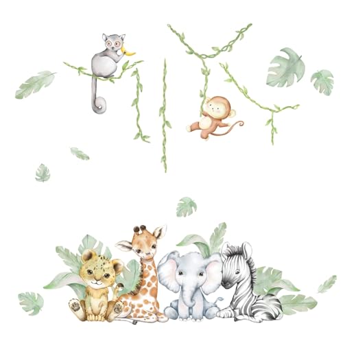 Image of 59.05x53.14 Inch Woodland Animals Wall Decals Forest Animal Wall Decal Elephant Zebra Monkey Giraffe Nursery Decor for Home Baby Room Decorations Boys Girls Bedroom