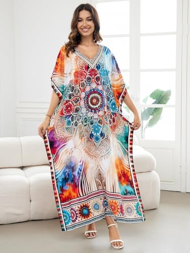 Image of IMAGEKOPE Women's Plus Size Loose Fit Moroccan Print V-Neck Batwing Kaftan Beach Dress Bathing Suit Cover Up