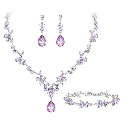 Crysdue Wedding Jewelry Set for Women Bride Bridesmaid, Stunning Marquise Rhinestone Crystal Floral Leaf Vine Pendant Necklace Dangle Earrings Bracelet Set for Prom Party Light Purple Silver-Tone Cover