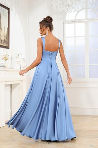 Square Neck Silk Satin Bridesmaid Dress with Slit A Line Pleated Long Formal Prom Dresses for Women4