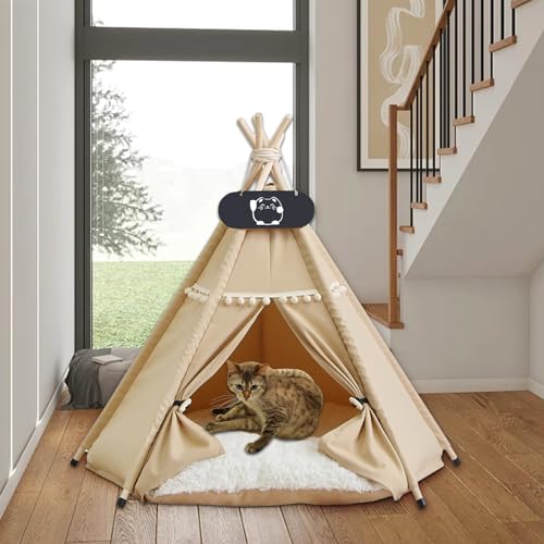 Whiwhi Tipi Zelt für Haustiere mit Doppelseitigem Kissen Hundezelt Abnehmbar und Waschbar Luxery Hundehöhle Katzenzelt und Haustierhäuser 60x60x70cm