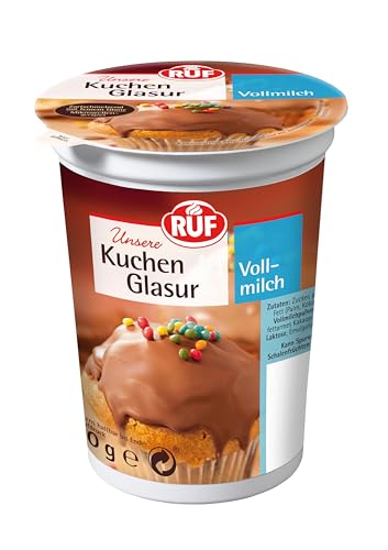 RUF Kuchen-Glasur Vollmilch-Schokolade, 500g im XXL Becher, mikrowellengeeignet, zum Glasieren & Dekorieren von Plätzchen, Muffins & Kuchen, glutenfrei