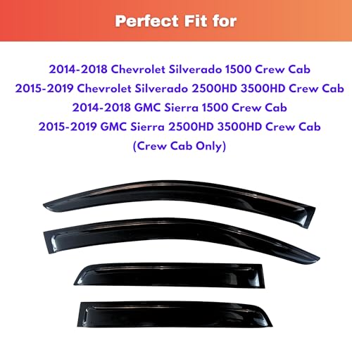 Image of KPY Rain Guards Fit for 2014-2018 Chevrolet Silverado /GMC Sierra 1500 Crew Cab, Out-Channel Window Visor Vent Deflector, Truck Accessories for 2015-2019 Chevy Silverado /Sierra 2500HD 3500HD Crew Cab