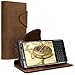 kalibri Case Compatible with BlackBerry KEYone (Key1) - Wallet Case Real Leather Book Style Cover with Card Slot - Navigational Compass Brown