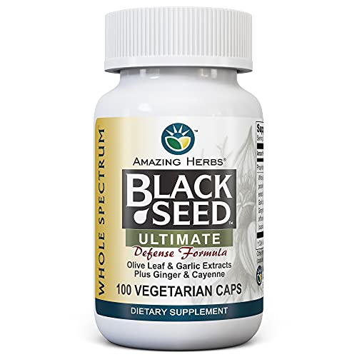 Amazing Herbs Whole Spectrum Black Seed Ultimate, Vegetarian Capsules - Olive Leaf & Garlic Extracts Plus Ginger & Cayenne, Gluten Free, Non GMO, Vegan - 100 Count Amazing Herbs Whole Spectrum Black Seed Ultimate, Vegetarian Capsules - Olive Leaf & Garlic Extracts Plus Ginger & Cayenne, Gluten Free, Non GMO, Vegan - 100 Count