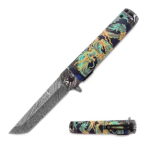 Snake Eye Tactical Every Day Carry Folding Knife | Outdoor Survival Pocket Knife | Small one-Hand Knife Made of Stainless Steel Blade| Ideal for Recreational Work Hiking Camping (Green Dragon)