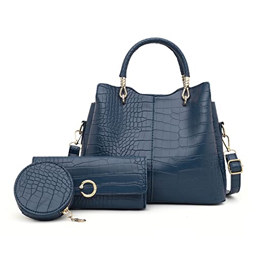NICOLE & DORIS Bolsos de Moda Mujer Bolso y Cartera a Juego Bolso de Mano de PU Cuero Bolso Bandolera Tote Bolso de Cocodrilo Bolso Hombro 3 Piezas Azul