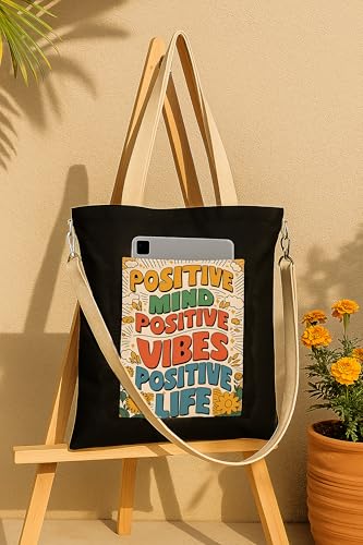Image of ZORI Black Sling Tote Bag With Pocket and with Beige Straps, Tote Bags For Women large capacity,Tote bag For Shopping, College, Travel, More Canvas Handbag For Unisex