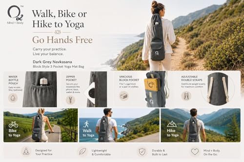 Image of O2 Yoga Mat Bag | Block Style Cotton Yoga Mat Carry Bag with Adjustable Double Straps | Yoga Block Pocket with Bottle Holder | Yoga Mat Cover Bag for Women & Men | Fits 2mm-10mm Mats - Dark Grey