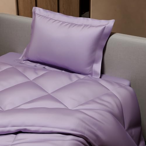 Image of Stoa Paris Satin Comforter Set Single Bed with Satin Bedsheet & Pillow Covers, 300TC Complete Bedding Set, Ideal Gifts for Women, Couples, Bedroom Home Furnishing, Date Night - Lilac Affair