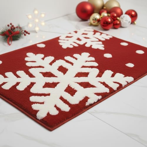 REFGY Red Snowflake Bathroom Rug 30 x 19 Inch Soft Plush Absorbent Bath Mat with Non Slip Backing Washable Red and White Shower Rug for Tub Sink Vanity Bathroom Floor Decor
