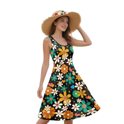 Image of Women Stylish Tank Dresses Sleeveless Round Neck Midi Casual Dress with Pocket for Summer