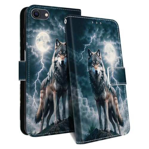 HopMore for iPhone SE 2020 / iPhone SE 2022 5G / 7/8 Case, PU Leather Flip Wallet Case with Card Slot Kickstand Magnetic Closure Shockproof Cover with Cute Pattern Animal Design Phone Case, Wolf A