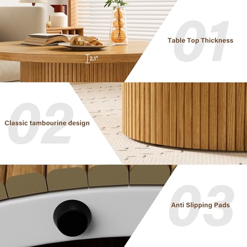 Image of Furniway Round Coffee Table, 35.4 inch Circle Wide Coffee Table, Wood Table and Center Table for Living Room, Natural