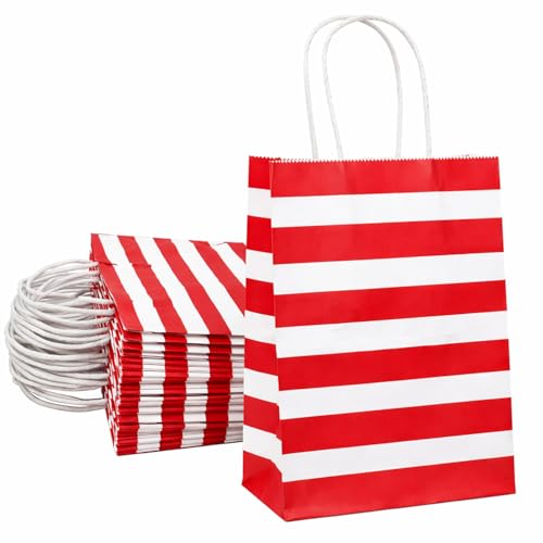 Image of Aakriti Striped Paper Gift Bags | Medium Size 10 x 4 x 12 Inches Gift Bags with Handles for Birthday Return Gifts, Party Favors & Shopping Mix Color Blue, Red, Yellow, Green & Black Pack of 50