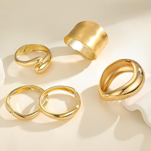 Golden Chunky Cuff Bracelet for Women Hinged Design Bangle Open Cuffs Trendy Statement Women's Thick Golden Bracelet Set3