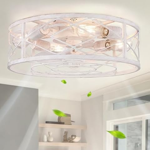Wheatronic White Fandelier Ceiling Fan with Light,Caged Flush Mount Ceiling Fan, Farmhouse Ceiling Fan with Light and Remote for Bedroom, Living Room, Kitchen Cover