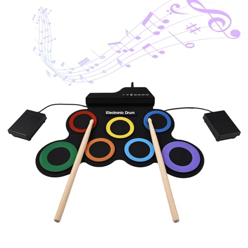 Funien   Kit de batería eléctrica portátil con 7 almohadillas con toma de auriculares, pedales, palillos, regalo de cumpleaños, instrumentos musicales, kit de batería sin altavoz