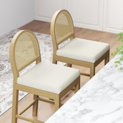 Image of Upholstered Rattan Bar Stools Set of 2, Wooden Island Chairs, Cream White