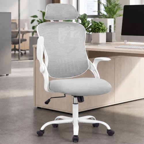 Image of DUMOS Ergonomic Office Chair - High Back Mesh Computer Chair with Lumbar Support, Headrest, Flip-up Arms, and Swivel Wheels - Comfortable Gaming & Desk Chair for Home Bedroom Office,Grey
