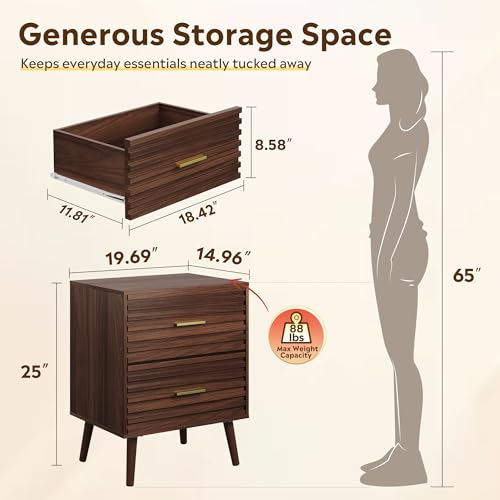 Image of WLIVE Nightstands Set of 2, Mid Century Modern Bedside Tables with Fluted Drawers, Walnut Wood End Table with Storage for Bedroom, Accent Furniture
