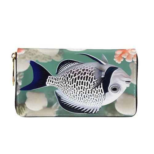 TYUMHWhite Tropical Fish Leather long clutch wallet with 12 card slots and 3 full pockets for cash, designed for fashionable women.2