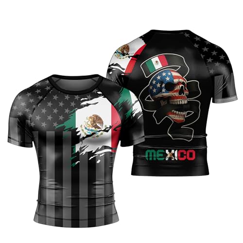 American Flag Skull Men's Rash Guard – Patriotic Short Sleeve BJJ Compression Shirt for Jiu-Jitsu & Grappling