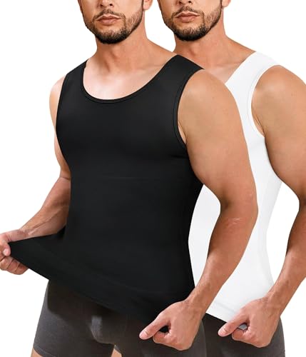 Junlan Men Compression Shirt Vest 2 Pack Slimming Body Shaper Tummy Control Shapewear Tank Tops Seamless Undershirts (Black/White L)