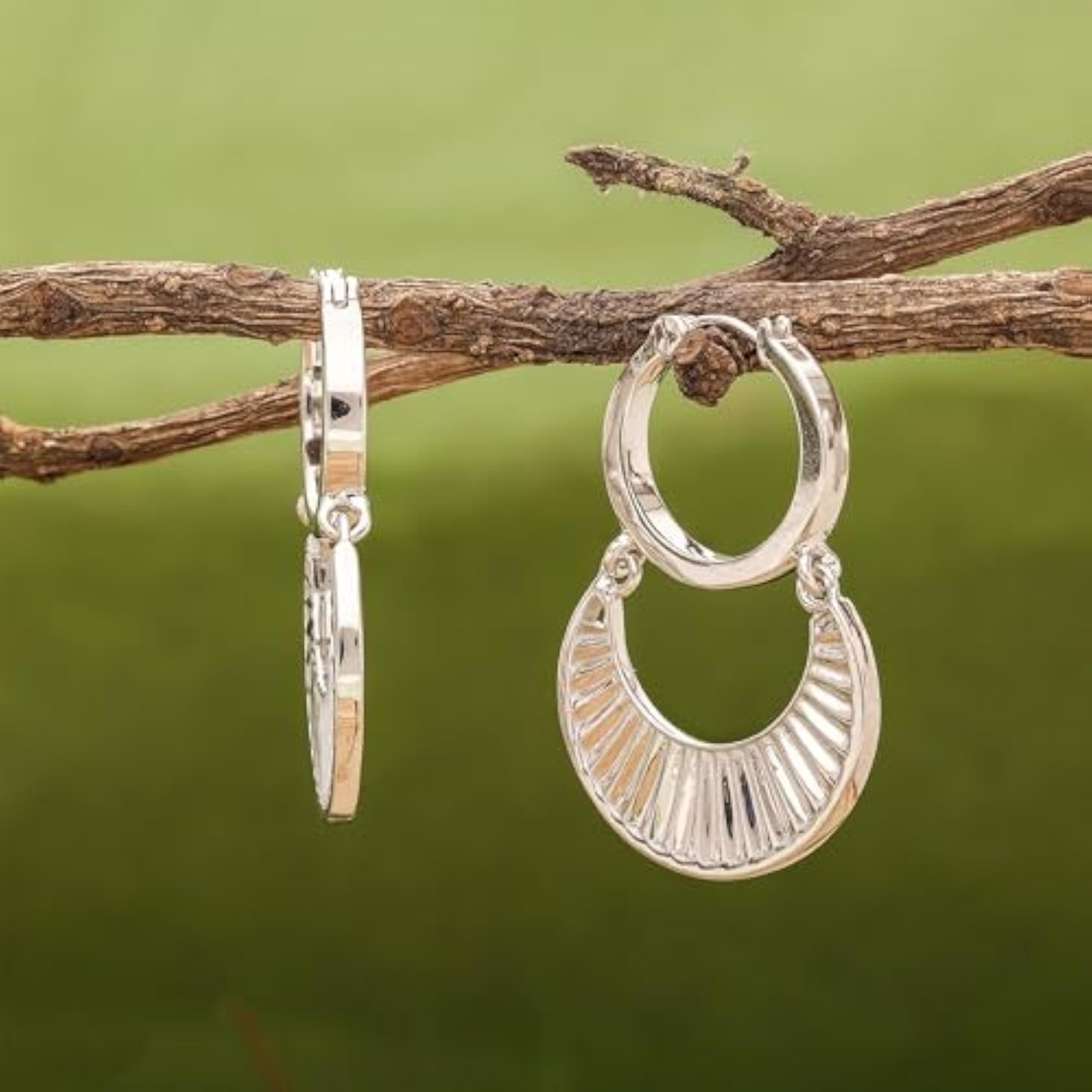Women's 925 Sterling Silver Textured Geometric Hoop Dangle Earrings