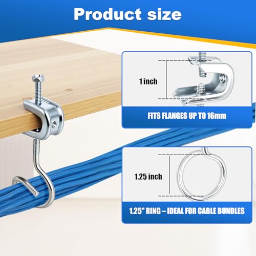 Image of Podoy 1 /4 inch x 20 Beam Clamps with 1-1 /4 inch Bridle Rings, 50 Sets | Steel Cable Support Hangers for I-Beam Flanges, Low-Voltage Wire and Pipe, No-Drill Mounting, Rated Up to 75 lb