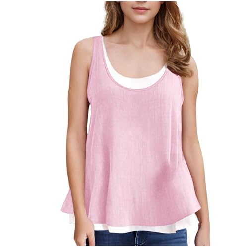 Cotton Linen Tank Tops for Girls Fashion Fake-Two Sleeveless Shirts Tween Girls Summer Lightweight Solid Blouse Tanks