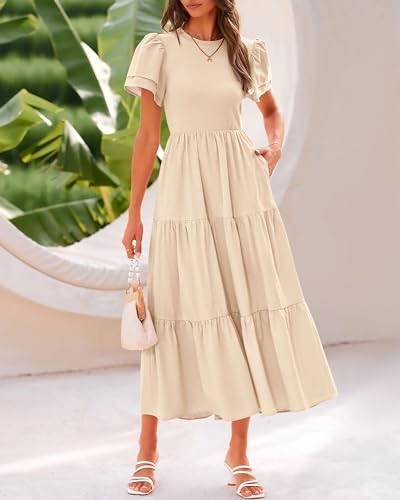 BTFBM Women Casual Summer Dresses 2025 Spring Crewneck Short Sleeve Tiered Flowy Boho Maxi Beach Vacation Dress Pockets2