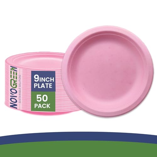 NOVOGREEN 9-Inch Bagasse Plates for Hot & Cold Food - Eco-Friendly Biodegradable Plates, Pack of 50 Strong Disposable Plates for Parties, BBQs and Outdoor Events - Durable and Compostable Pink
