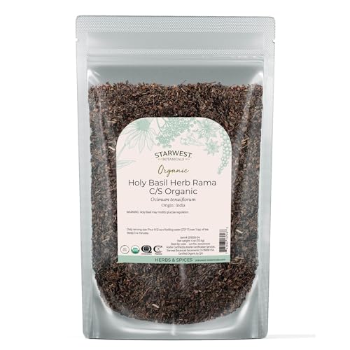 Starwest Botanicals Organic Tulsi Holy Basil - Dried Loose Leaf Herb for Tea & Cooking, Pure & Natural Ocimum Tenuiflorum (Rama), Cut & Sifted, Certified Kosher, Non-GMO - 4 oz Pouch