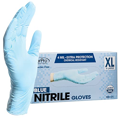 ForPro Guantes desechables de nitrilo, resistentes a los químicos, sin polvo, sin látex, no estériles, aptos para alimentos, 4 mil, azul, XL, 100 unidades