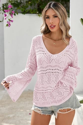 Image of Cakulo Womens Summer Crochet Tops Boho Off Shoulder Sweaters Lightweight V Neck Loose Vacation Resort Wear 2026