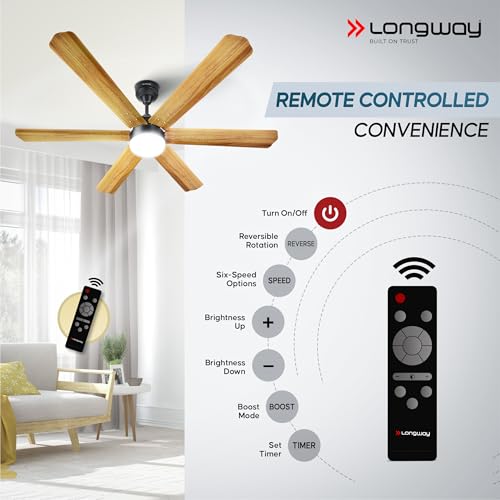 Image of Longway Luminair Max 1200 mm BLDC Ceiling Fan with Remote Control & LED Light|BEE 5 Star Rated Energy Efficient|Ultra High Speed 6 Blade Anti-Dust Decorative|5 Years Warranty (Golden Birch, Pack of 1)