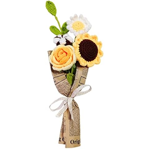 KWQBHW Knitting Crochet Flower Bouquet Handmade Rose Flowers Fake Sunflower Rose Daisy with Green Leaves for DIY Home Table Decor, Orange Cover