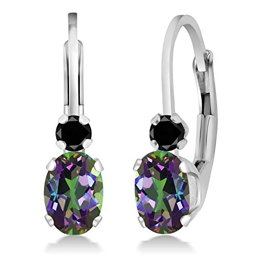 Gem Stone King 1.17 Ct Oval Green Mystic Topaz Black Diamond Sterling Silver Leverback 3/4 Inch Earrings