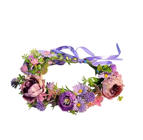 Boho-Blumen-Haarband, Blumenkranz, Blumengirlande, Blumenkrone, Blumenkopfschmuck, Haarschmuck mit verstellbarem Band für Hochzeit, Geburtstag, Festival, Party (lila)