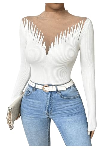 Image of RoseSeek Women's Color Block Mock Neck Sweaters Ribbed Knit Long Sleeve Slim Fit Pullover Tops White Small