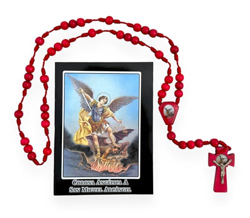 GCK Corona Angelica a San Miguel Arcangel y Coronilla de Madera Roja St Michael Chaplet Prayer Book in Spanish and Red Wood Coronilla 2 Pc Set