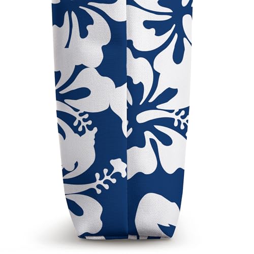 Bolso tote con estampado floral hawaiano de hibisco en azul marino y blanco, diseño reversible miniatura 3