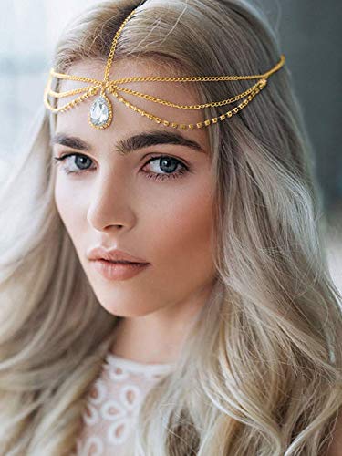 Barogirl Head Chain Jewelry Wedding Headband Rhinestones Boho Bridal Headpiece for Women and Girls (Gold)