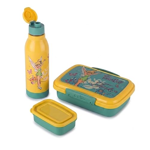 CELLO Lunch On Tinker Bell Design Kids Combo Set Green | Inner Compartment Lunch Box with Insulated Water Bottle Leak Proof Airtight Lightweight 3D Pr