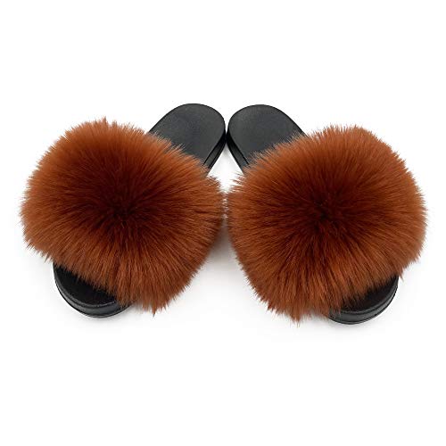 Image of Women's Faux Fur Slides Slippers Fluffy Fuzzy Sandals Open Toe Furry Slide Flip Flop Indoor Outdoor