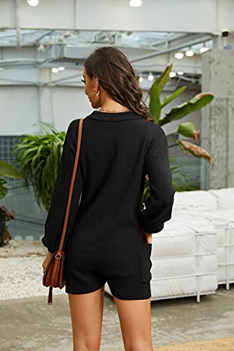 Tymidy Black Jumpsuit For Women Knit Sweater Rompers Sexy Deep V Neck Button Down Long Sleeve Onesie Loungewear Outfit With Pockets #TOP3