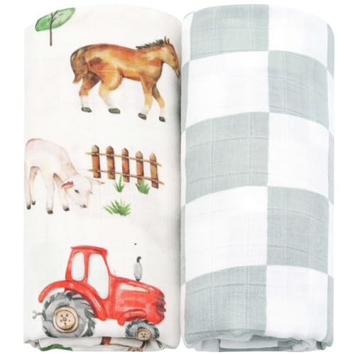 Image of LifeTree Muslin Swaddle Blankets Neutral, Farm Animals Baby Swaddling Wrap Nursery Receiving Blanket for Boys & Girls, Soft 70% Viscose from Bamboo and 30% Cotton, Large 47 x 47 inches