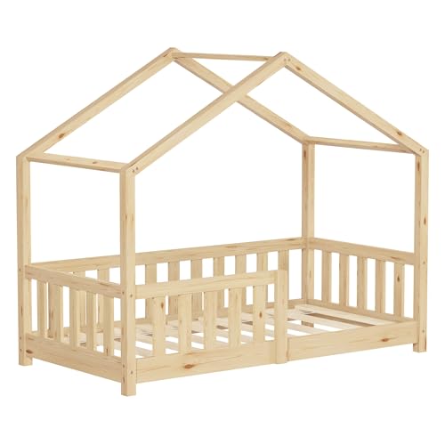 ML-Design Cama Infantil Casa 70x140 cm Madera Natural Maciza de Pino, Casita Estilo Montessori con Somier de Láminas, Techo y Protección Anticaída, Cuna Baja de Suelo para Niños, Litera Junior