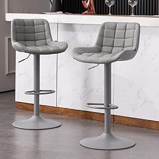YOUTASTE Bar Stools Set of 2 Grey Comfortable PU Leather Padded Breakfast Barstools with Backs Luxury Metal Adjustable Height Bar Chairs for Kitchen Counter Island